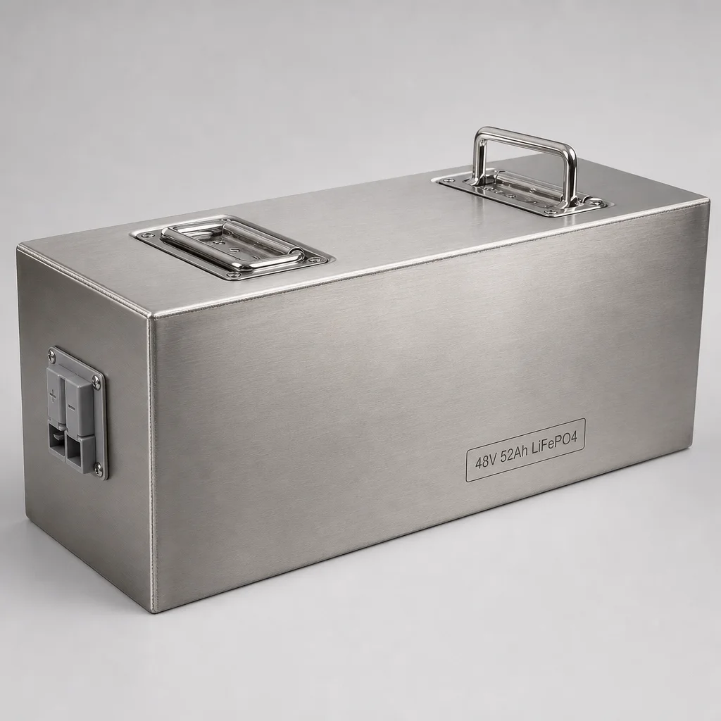 48V 52Ah LiFePO4 pedicab battery in a stainless steel enclosure with handles and an Anderson connector