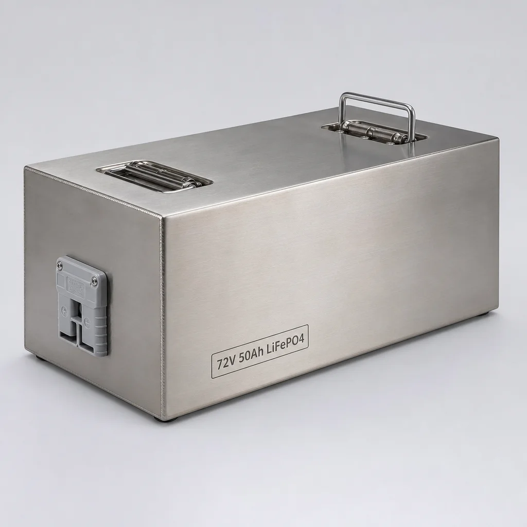 72V 50Ah LiFePO4 pedicab battery in a stainless steel enclosure with fold-up handles and an Anderson plug on the end
